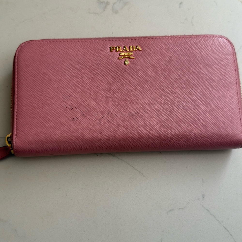 Prada Saffiano Zip Around Wallet Pink Gold Logo Continental - Picture 2 of 15